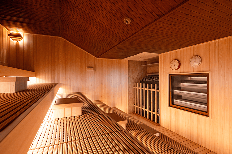 The sauna (wooden benches)